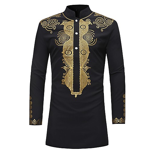 

Men's Shirt Tribal Print Long Sleeve Tops Casual Vintage Standing Collar Black