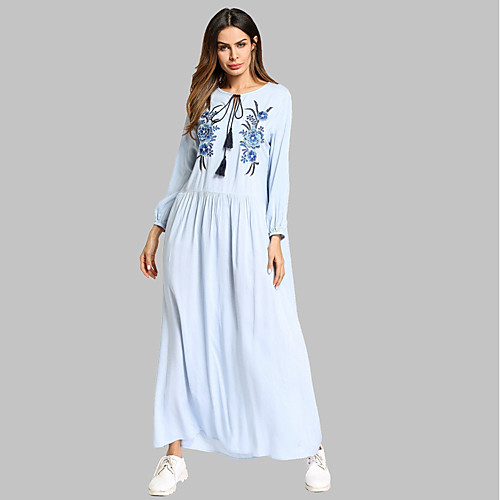 

Women's Tunic Maxi long Dress Light Blue Long Sleeve Solid Colored Embroidered Summer Round Neck Boho Bohemia Beach M L XL XXL / Cotton / Cotton
