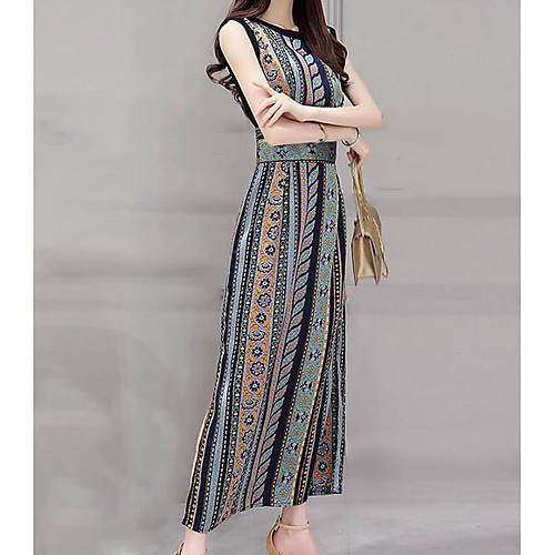 

Women's A Line Dress Maxi long Dress Green Red Sleeveless Geometric Summer Round Neck Slim M L XL XXL / Sexy