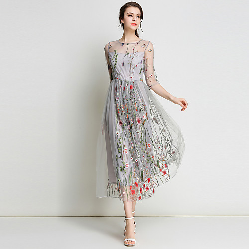 

Women's Embroidery Holiday / Going out Street chic / Sophisticated A Line / Swing Dress - Floral Embroidered High Waist Spring Navy Blue Light gray M L XL