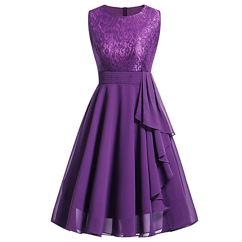 

Women's Chiffon Dress Knee Length Dress Purple Wine Pink Navy Blue Sleeveless Solid Colored Lace Summer Round Neck Hot Sophisticated Holiday Going out Slim S M L XL XXL