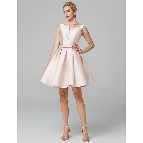 

A-Line Minimalist Elegant Cute Homecoming Cocktail Party Dress V Wire Sleeveless Knee Length Satin with Bow(s) Pleats 2021