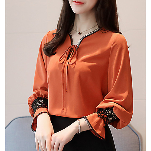 

Women's Blouse Solid Colored Lace Patchwork Long Sleeve Daily Tops Basic Orange Light Blue