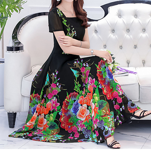 

Women's Swing Dress Midi Dress Blue Purple Black Red Navy Blue Short Sleeve Blue Floral Print Spring Summer Square Neck Holiday Belt Not Included M L XL XXL 3XL 4XL / Plus Size / Plus Size