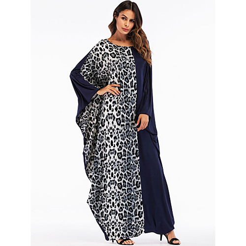 

Women's Shift Dress Maxi long Dress Navy Blue Long Sleeve Color Block Leopard Spring Summer Round Neck Basic Boho Going out Loose Leopard One-Size