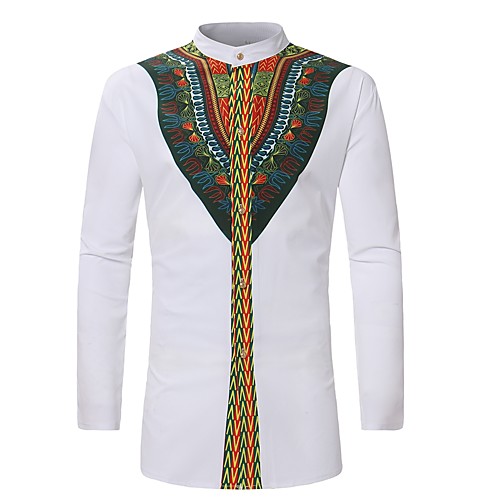 

Men's Shirt Tribal Print Long Sleeve Daily Tops Vintage Standing Collar White