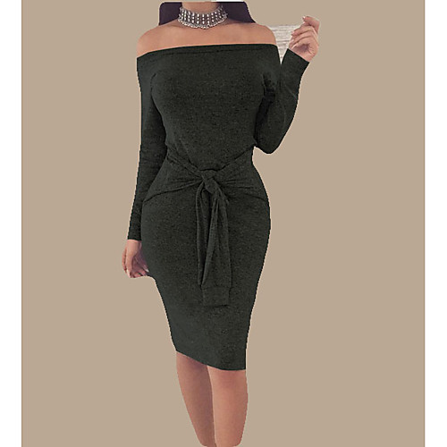 

Women's Bodycon Knee Length Dress Khaki Light gray Black Dark Gray Red Long Sleeve Solid Colored Summer Boat Neck Strapless Off Shoulder Basic Streetwear Party Holiday Skinny Off Shoulder S M L XL