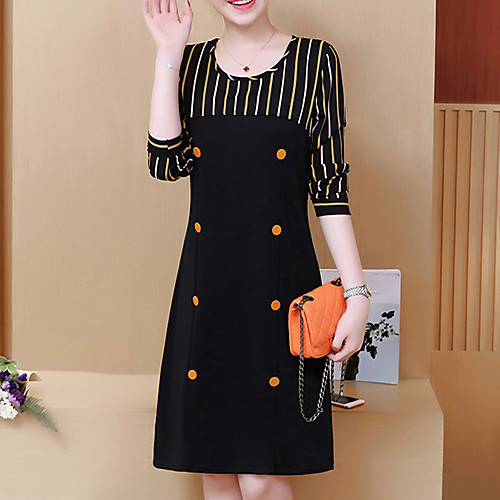 

Women's Sheath Dress Knee Length Dress Black Long Sleeve Black Striped Fall Winter Round Neck Going out Slim L XL XXL 3XL 4XL 5XL / Plus Size / Plus Size