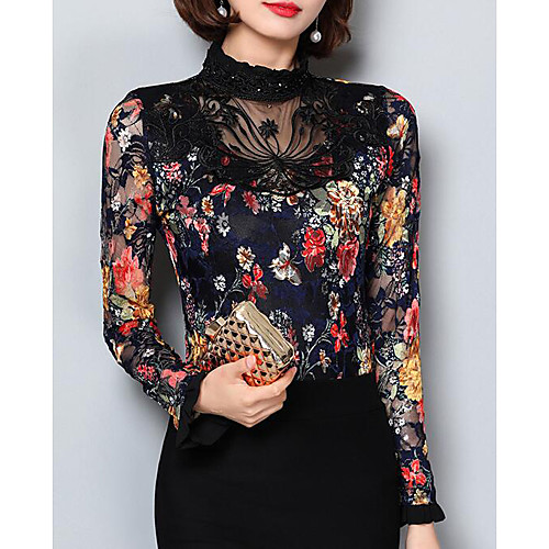 

Women's Blouse Floral Long Sleeve Daily Tops Casual Navy Blue