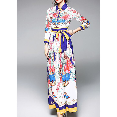

Women's Swing Dress Maxi long Dress Rainbow Long Sleeve Floral Print Spring Shirt Collar Basic S M L XL XXL