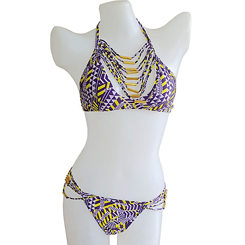 

Women's Bikini Swimsuit Color Block Purple Swimwear Halter Neck Bathing Suits / Super Sexy