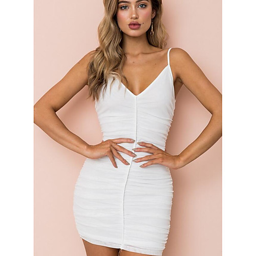 

Women's Strap Dress Short Mini Dress White Sleeveless White Solid Colored Print Summer Basic S M L XL / High Waist / Sexy