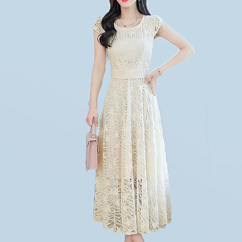 

Women's Sheath Dress Maxi long Dress Blue Purple Yellow Black Beige Short Sleeve Floral Solid Colored Lace Summer Round Neck Streetwear Sophisticated Going out Slim Lace M L XL XXL 3XL / Plus Size