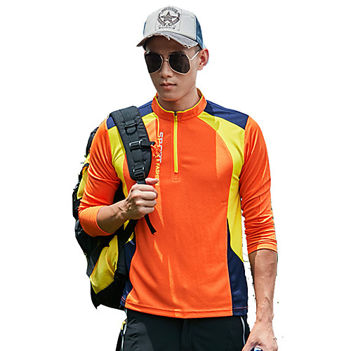 

Men's T shirt Hiking Tee shirt Long Sleeve Standing Collar Tee Tshirt Top Outdoor Fast Dry Quick Dry Breathable YKK Zipper Spring Summer Polyester Patchwork Blue Orange Green Camping / Hiking Outdoor
