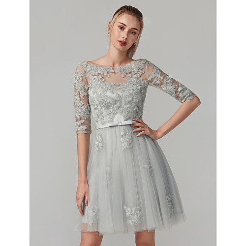

A-Line Beautiful Back Cute Homecoming Prom Dress Boat Neck Half Sleeve Short / Mini Lace Bodice with Bow(s) Appliques 2021