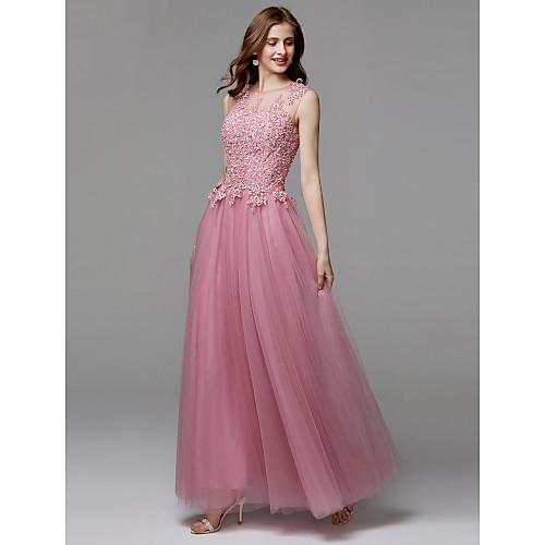 

A-Line Floral Prom Formal Evening Dress Illusion Neck Sleeveless Floor Length Tulle Beaded Lace with Appliques 2021