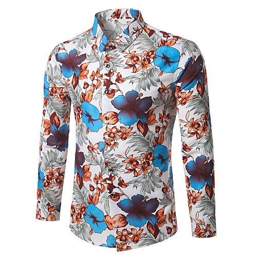 

Men's Plus Size Floral Shirt - Cotton Business Boho Vintage Holiday Work Red / Light Blue / Long Sleeve