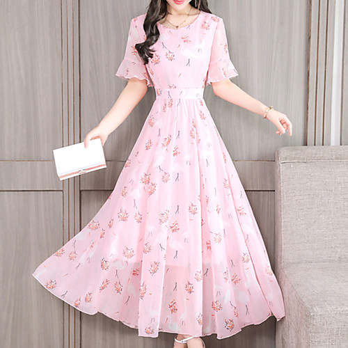 

Women's A Line Dress Maxi long Dress Blue Purple Blushing Pink Beige Short Sleeve Dusty Rose Geometric Summer V Neck Slim S M L XL XXL 3XL / Plus Size / Plus Size