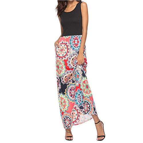 

Women's Sheath Dress Maxi long Dress Red Sleeveless Geometric Print Summer Round Neck Streetwear Sophisticated Going out Slim Boho Bohemia Beach S M L XL XXL / Cotton / Sexy / Cotton