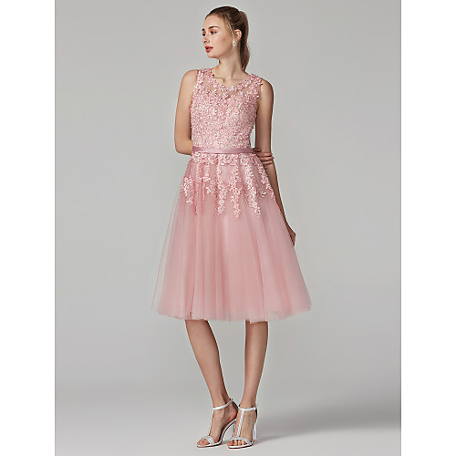 

A-Line Beautiful Back Floral Cute Cocktail Party Prom Valentine's Day Dress Illusion Neck Sleeveless Knee Length Tulle Over Lace with Beading Appliques 2021
