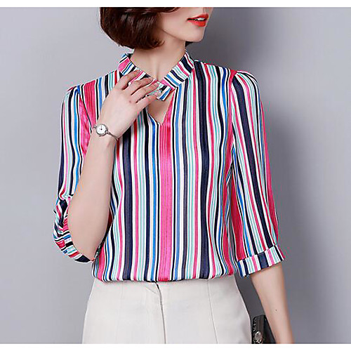 

Women's Blouse Striped Half Sleeve Daily Tops Black Red Fuchsia