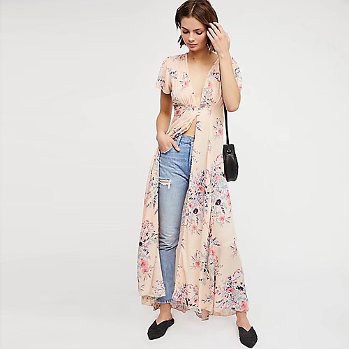 

Women's Swing Dress Maxi long Dress Blushing Pink Short Sleeve Floral Print Summer V Neck Deep V Boho Holiday Going out Slim S M L XL / Cotton / Super Sexy / Cotton