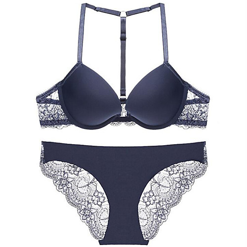 

Women's Plus Size Bra & Panty Set Push-up Underwire Bra Lace 3/4 Cup Solid Colored Sexy Daily Cotton Blue