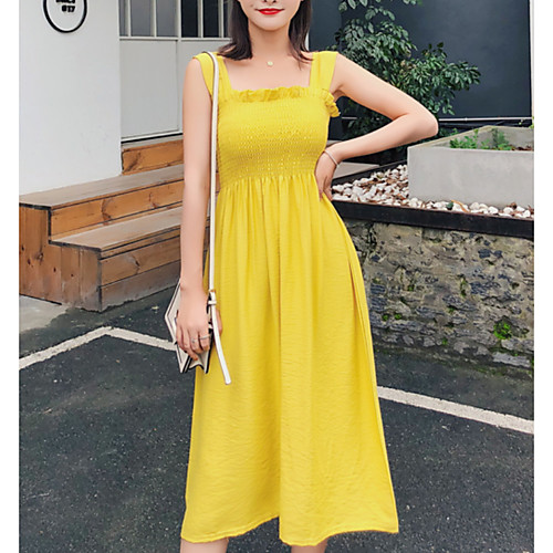 

Women's Strap Dress Midi Dress Yellow Sleeveless Solid Colored Party Slim S M L / Sexy
