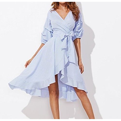 

Women's Swing Dress Knee Length Dress Light Blue Half Sleeve Solid Colored Ruffle Summer Deep V Cute Flare Cuff Sleeve Slim S M L XL / High Waist