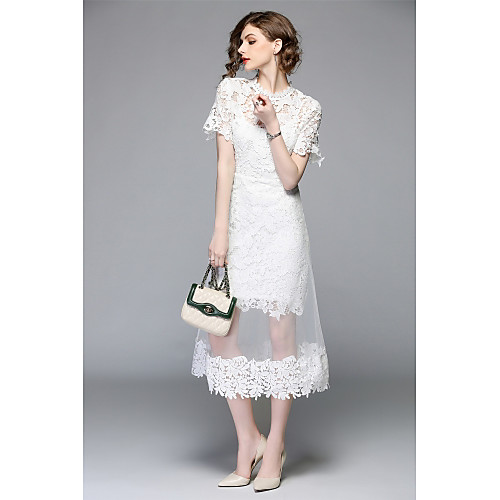 

Women's Bodycon Midi Dress White Short Sleeve Floral Solid Colored Layered Mesh Patchwork Spring Summer Round Neck Stand Collar Streetwear Sophisticated Party Slim S M L XL XXL
