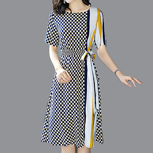 

Women's Sheath Dress Midi Dress White Short Sleeve Plaid Check Lace up Print Summer Round Neck Streetwear Sophisticated Going out Slim Plaid M L XL XXL 3XL / High Waist