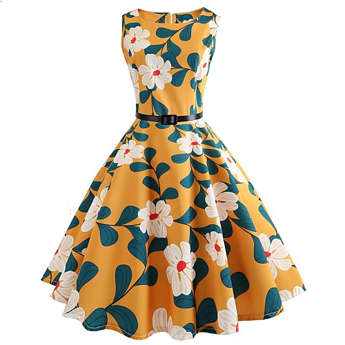 

Women's Swing Dress Yellow Sleeveless Floral Print Spring Summer Round Neck Vintage Going out Slim Floral S M L XL XXL / Cotton / Cotton