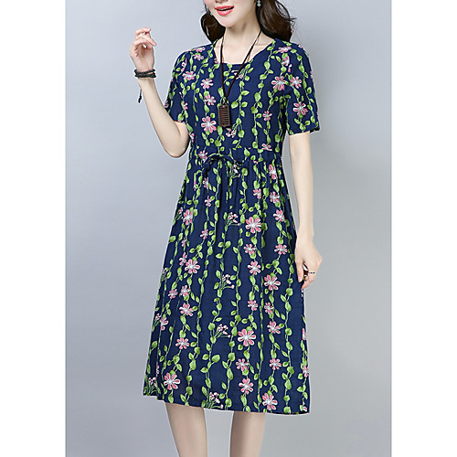 

Women's Sheath Dress Midi Dress Blue White Short Sleeve Floral Summer Round Neck Slim M L XL XXL / Cotton / Cotton