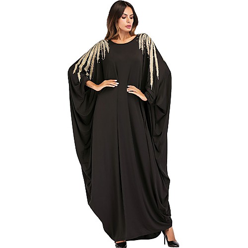 

Women's Shift Dress Maxi long Dress Black Long Sleeve Solid Colored Beaded Summer Round Neck Batwing Sleeve Loose One-Size