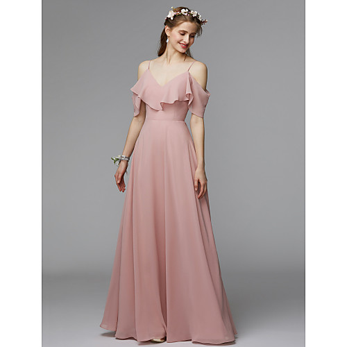 

A-Line Spaghetti Strap Floor Length Chiffon / Charmeuse Bridesmaid Dress with Ruffles / Open Back