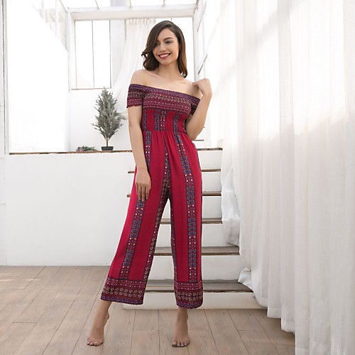 

Women's Going out Beach Boat Neck Off Shoulder White Blue Red Slim Jumpsuit Geometric