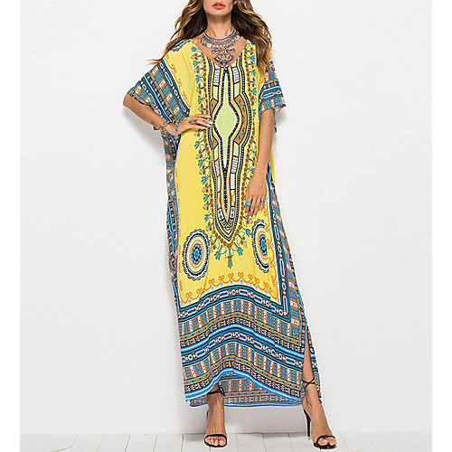 

Women's Jalabiya Maxi long Dress Yellow Orange Black Short Sleeve Print Ethnic Round Neck Beach Loose Boho Bohemia Beach One-Size