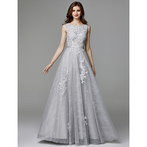 

A-Line Elegant Floral Open Back Formal Evening Wedding Party Dress Jewel Neck Sleeveless Sweep / Brush Train Lace Tulle with Appliques 2021