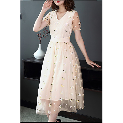 

Women's A Line Dress Midi Dress Beige Short Sleeve Floral Embroidered Summer V Neck Basic Slim S M L XL