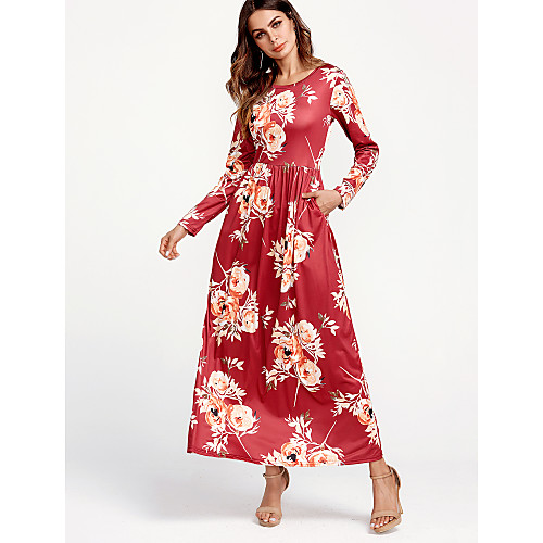 

Women's T Shirt Dress Tee Dress Maxi long Dress Blue Black Red Long Sleeve Floral Fall Summer Round Neck Streetwear Belt Not Included Loose Floral S M L XL
