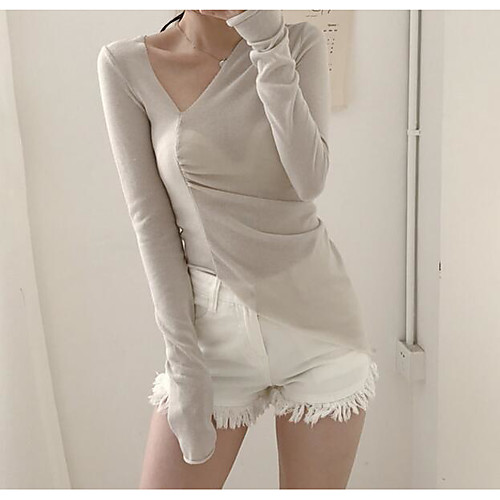 

Women's T shirt Solid Colored Tassel Fringe Long Sleeve Daily Tops Cotton Vintage Beige