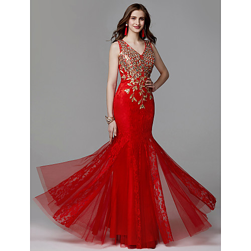 

Mermaid / Trumpet Elegant Beaded & Sequin Prom Formal Evening Dress V Neck Sleeveless Floor Length Lace Tulle with Lace Beading 2021