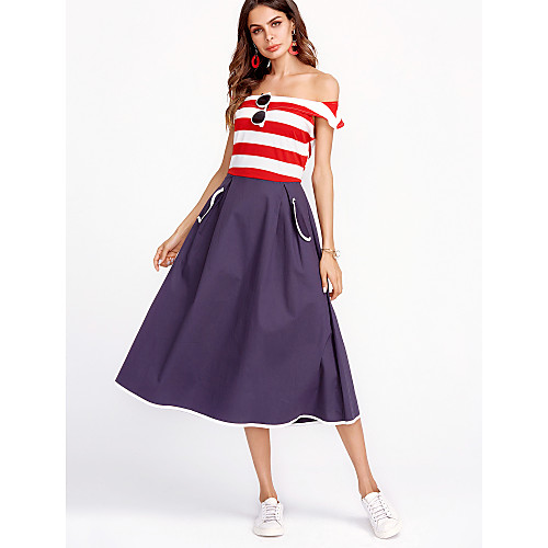

Women's Swing Dress Short Mini Dress Blue Sleeveless Striped Knitted Summer Boat Neck Vintage Party Going out Belt Not Included Off Shoulder S M L XL XXL / Cotton / Cotton
