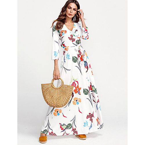 

Women's Sheath Dress Maxi long Dress White 3/4 Length Sleeve White Floral Print Fall V Neck Streetwear Cotton Floral M L XL XXL 3XL / Plus Size / Plus Size