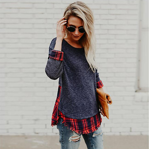 

Women's T shirt Plaid Color Block Patchwork Long Sleeve Daily Tops Cotton Cute Streetwear Black Gray