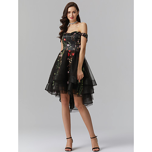 

A-Line Little Black Dress Floral High Low Cocktail Party Prom Valentine's Day Dress Off Shoulder Sleeveless Knee Length Tulle with Ruffles Embroidery 2021