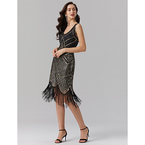 

Sheath / Column Elegant Sparkle & Shine Beaded & Sequin Homecoming Cocktail Party Dress V Neck Sleeveless Tea Length Polyester with Sequin 2021