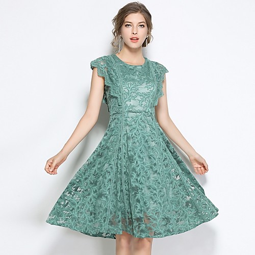 

Women's A Line Dress Knee Length Dress Green Short Sleeve Solid Colored Geometric Embroidered Tassel Fringe Pleated Summer Round Neck Vintage Streetwear Party Slim S M L XL XXL / High Waist / Lace