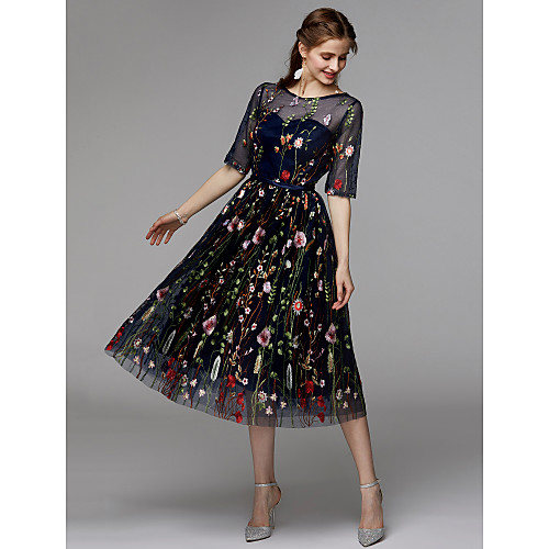 

A-Line Floral Holiday Cocktail Party Valentine's Day Dress Illusion Neck Half Sleeve Tea Length Organza Satin Chiffon with Embroidery Appliques 2021