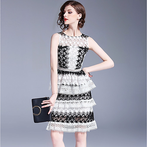 

Women's A Line Dress Knee Length Dress White Sleeveless Black & White Floral Color Block Geometric Embroidered Layered Cut Out Spring Summer Crew Neck Sophisticated Party Club Slim S M L XL / Lace